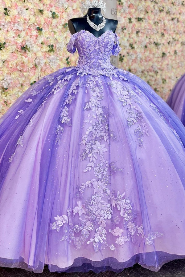 Ball Gown Off Shoulder Sleeveless Sequins Appliques Lace Up Sparkly Purple Tulle Quinceanera Dress Birthday Party Dress For Sweet 16