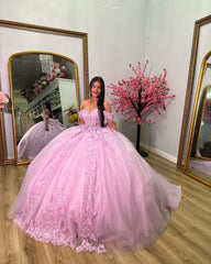 Ball Gown Off Shoulder Sweetheart Neck Lace Appliques Bow Knot Pink Tulle Princess Evening Party Gowns Quinceanera Dress For Sweet 16