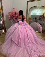 Ball Gown Off Shoulder Sweetheart Neck Lace Appliques Bow Knot Pink Tulle Princess Evening Party Gowns Quinceanera Dress For Sweet 16