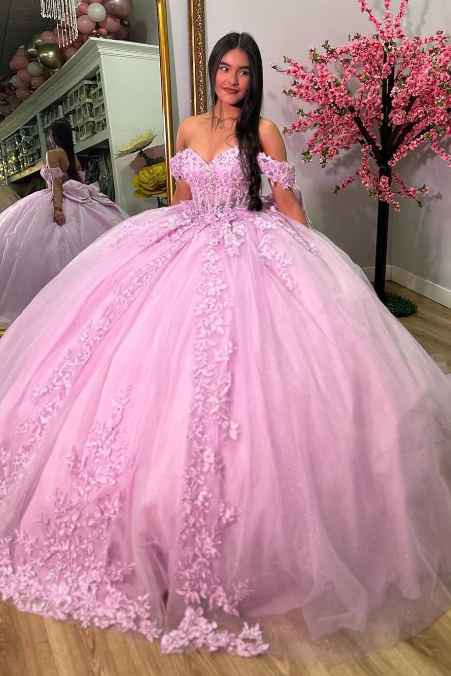 Ball Gown Off Shoulder Sweetheart Neck Lace Appliques Bow Knot Pink Tulle Princess Evening Party Gowns Quinceanera Dress For Sweet 16
