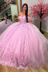 Ball Gown Off Shoulder Sweetheart Neck Lace Appliques Bow Knot Pink Tulle Princess Evening Party Gowns Quinceanera Dress For Sweet 16