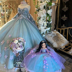 Ball Gown Off Shoulder Sweetheart Neck Quinceanera Dresses With Sleeves 3D Flowers Appliques Sparkly Beaded Tulle Lace Up Sweet 16 Dress Princess Party Gown