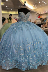 Ball Gown Off Shoulder Tiered 3D Flowers Appliques Light Blue Tullequinceanera Dresses Princess Formal Evening Party Gown For Sweet 16