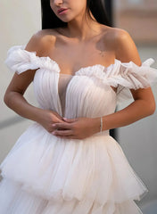 Ball Gown Off the Shoulder Sleeveless Chapel Train Satin Tulle Wedding Dress with Cascading Ruffles