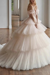 Ball Gown Off the Shoulder Sleeveless Chapel Train Satin Tulle Wedding Dress with Cascading Ruffles