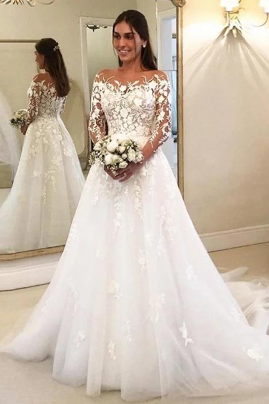 Ball Gown Off-the-Shoulder Wedding Dress Long Sleeves Bridal Dress with Appliques
