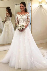 Ball Gown Off-the-Shoulder Wedding Dress Long Sleeves Bridal Dress with Appliques