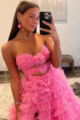Ball Gown Prom Dress Sweetheart Collar Pink Tiered Printed Tulle Evening Dress