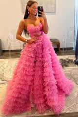 Ball Gown Prom Dress Sweetheart Collar Pink Tiered Printed Tulle Evening Dress