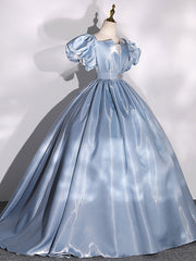Ball Gown Puff Sleeves Blue Prom Dress Long Sweet 16 Dress Evening Dress