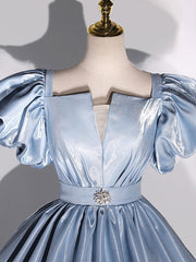 Ball Gown Puff Sleeves Blue Prom Dress Long Sweet 16 Dress Evening Dress