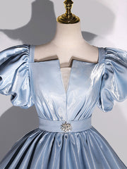 Ball Gown Puff Sleeves Blue Prom Dress Long Sweet 16 Dress Evening Dress