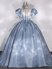 Ball Gown Puff Sleeves Blue Prom Dress Long Sweet 16 Dress Evening Dress