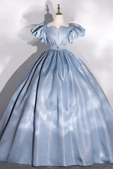 Ball Gown Puff Sleeves Blue Prom Dress Long Sweet 16 Dress Evening Dress
