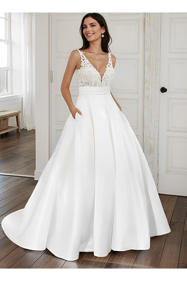 Ball Gown Satin V Neck Wedding Dress With Pockets