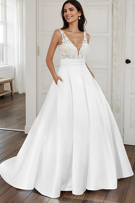 Ball Gown Satin V Neck Wedding Dress With Pockets