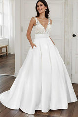 Ball Gown Satin V Neck Wedding Dress With Pockets