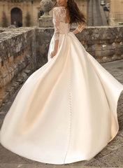 Ball Gown Satin Wedding Dress with Classic Lace Sleeves