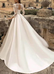 Ball Gown Satin Wedding Dress with Classic Lace Sleeves