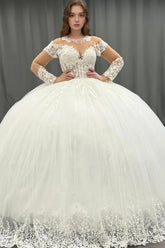 Ball Gown Scoop Neck Long Transparent Sleeves Fully Lace Appliques Pleated White Tulle Formal Evening Party Dress Quinceanera Dress Birthday Gown For Sweet 16