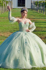 Ball Gown Strapless Detachable Sleeves 3D Flower Lace Appliques Corset Bow Knot Mint Green Tulle Quinceanera Dress For Sweet 16