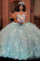 Ball Gown Strapless Sleeveless 3D Flower Lace Appliques Sky Blue Tulle Quinceanera Dress For Sweet 16