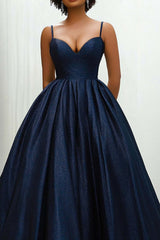 Ball Gown Sweetheart Navy Wedding Guest Dress Spaghetti Straps Long Satin Formal Dress With Pockets