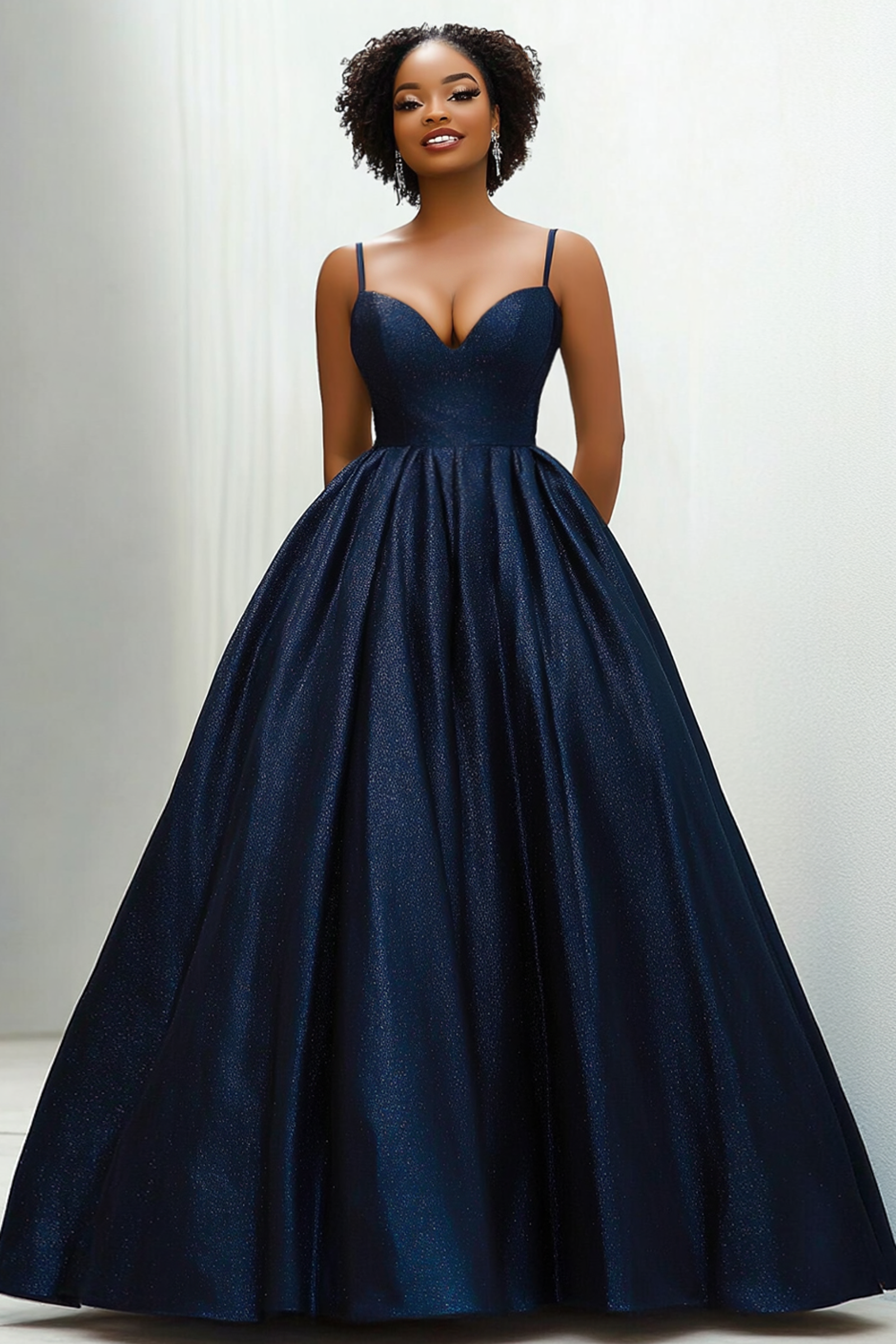 Ball Gown Sweetheart Navy Wedding Guest Dress Spaghetti Straps Long Satin Formal Dress With Pockets