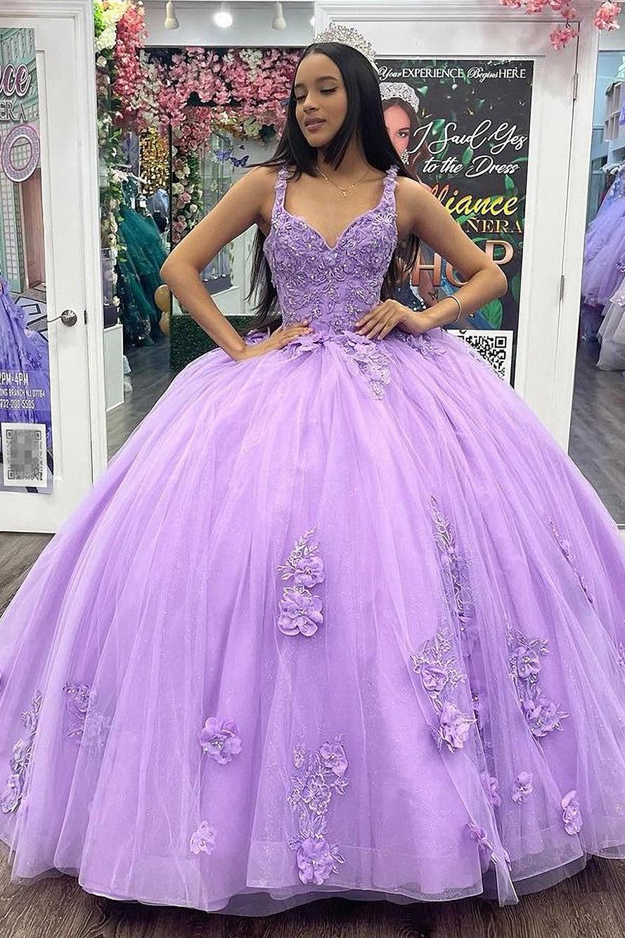 Ball Gown Sweetheart Neck Straps Sleeveless Lace Appliques Lilac Tulle Quinceanera Dress Princess Birthday Party Gown For Sweet 16