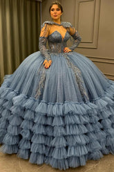 Ball Gown V Neck Sleeveless Detachable Sleeves & Shawl Beaded Sequins Appliques Ruffles Tiered Sparkly Blue Tulle Quinceanera Dress Birthday Party Dress For Sweet 16