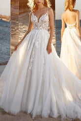 Ball Gown V neck Sleeveless Tulle Court Train Wedding Dress With Lace Appliques