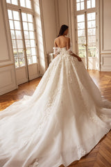 Ball Gown Wedding Dress with 3D Flowers and Off Shoulder Puff Sleeves