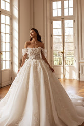 Ball Gown Wedding Dress with 3D Flowers and Off Shoulder Puff Sleeves