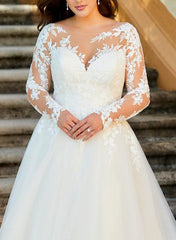 Ball Gown/Princess Illusion Neck Sweep Train Organza Plus Size Wedding Dress With Lace Appliques