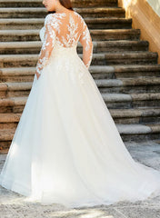 Ball Gown/Princess Illusion Neck Sweep Train Organza Plus Size Wedding Dress With Lace Appliques