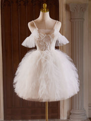 Ball Homecoming Dress Tulle Lace Light Champagne with BeadsShort Party Cocktail Dress