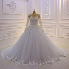 Bateau Long Sleeve Lace A Line Tulle Wedding Dress with Pearls and Appliques