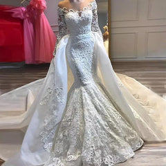 Bateau Neck Wedding Dress Long Sleeves Lace Appliques Mermaid Bridal Dress With Panel Train
