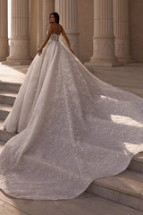 Beaded Lace Ball Gown Wedding Dress with Sheer Corset Bodice and Long Train