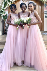 Beaded Long Tulle Bridesmaid Evening Dress