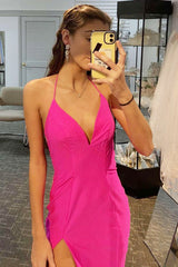 Beaded Prom Dress Hot Pink Halter Evening Dress with Slit