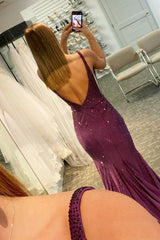 Beaded Prom Dress V-neck Purple Mermaid Evening Dress