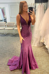 Beaded Prom Dress V-neck Purple Mermaid Evening Dress