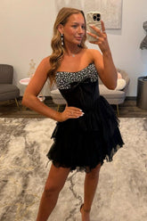 Beaded Strapless Homecoming Dress Tiered Corset Short Cocktail Dress