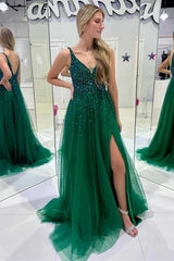 Beaded V Neck Hunter Green Prom Dress Tulle Elegant Evening Dress with Split