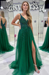 Beaded V Neck Hunter Green Prom Dress Tulle Elegant Evening Dress with Split