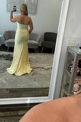 Beaded Yellow Prom Dress Mermaid Satin Sweetheart Long Formal Dress
