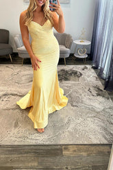Beaded Yellow Prom Dress Mermaid Satin Sweetheart Long Formal Dress