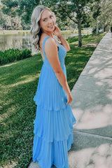 A Line Sweetheart Blue Long Prom Dress With Ruffles Formal Evening Gown