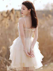 Beige Homecoming Dress Sweetheart Neck Tulle Lace Short Party Cocktail Dress